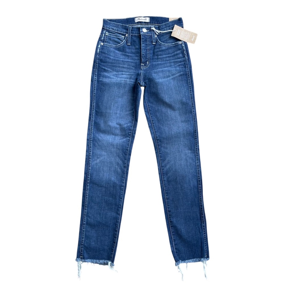 ✨ Madewell High Rise Slim Straight Jeans Dark Wash Raw Hem Size 25 Minimalist